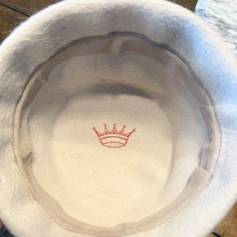 VTG 1960s MCM Women Pillbox Hat Corona Ivory Wool Bezel Rhinestones Ribbon Italy